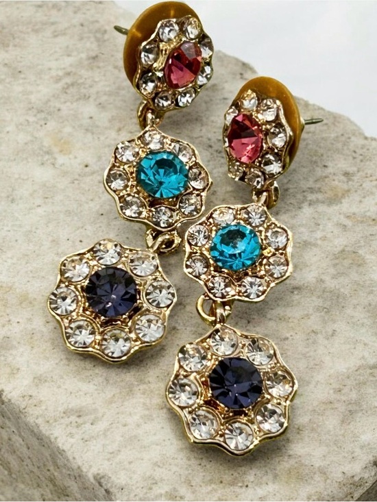 Monet Jewelry - Vintage Signed Monet Multi-Color Rhinestone Gold Tone Drop Earrings